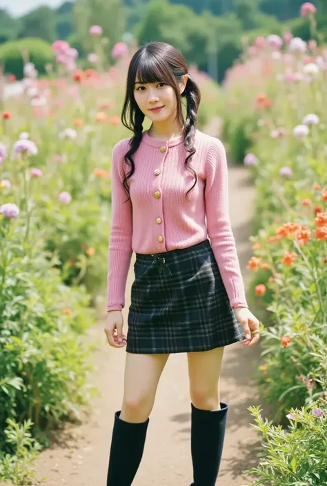 (8k、      RAW photos   、   top quality、masterpiece   :1.2)、(    realistic  、    realistic  )、1 person、((bangs、  twin tails、 Thailand、、Thailandツ、  boots、  pink jacket  、  Long Sleeve  、smile、whole body、 black plaid miniskirt、Flower Field、 thin waist、 Curly ...