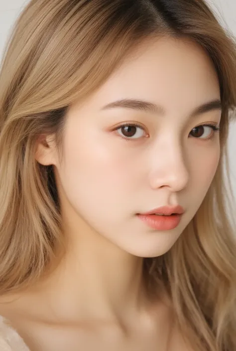 A 18-year-old naked Asian girl with soft blonde, wavy hair framing her oval-shaped face. She has fair, smooth skin with a natural glow, slightly arched eyebrows, large almond-shaped warm brown eyes, a small refined nose with a gentle upward curve, and full...