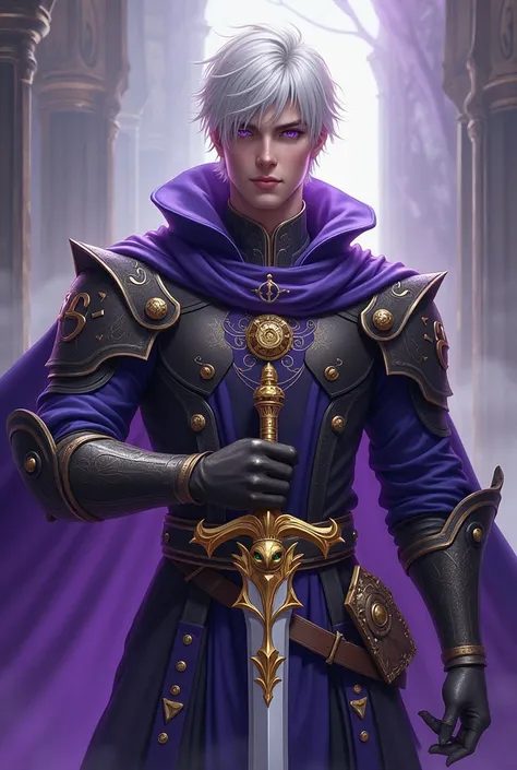  Create an RPG character , 20 years, masculine,  God of Time and Purple Thunder , short white hair,  eyes with iris with clock symbol with numbers in Roman numerals ,  using a gold-silver sword with the symbol of a griffin in the scabbard, Sacred broquel 