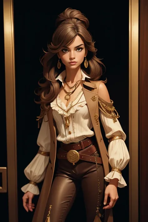  A complete and detailed design of a woman elegant and confident ,  dressed in an outfit that mixes fantasy and steampunk aesthetics .  She wears a tight brown coat with gold embroidery that decorates the lapels , the cuffs and sides , highlighting his fig...