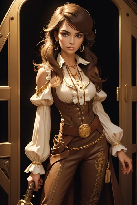  A complete and detailed design of a woman elegant and confident ,  dressed in an outfit that mixes fantasy and steampunk aesthetics .  She wears a tight brown coat with gold embroidery that decorates the lapels , the cuffs and sides , highlighting his fig...