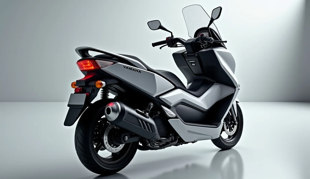 Give me 4k high quality high Resolution image of   2025 Yamaha TMAX 
 features  silver Colour back view with showroom 
