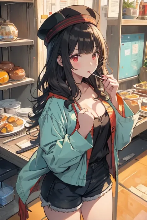 a cartoon woman smoking while wearing a bathrobe among other decorative items, 1girl, breasts, long hair, cleavage, black hair, looking at viewer, hat, bird, chopsticks, shorts, shirt, solo, food, red eyes, 
beautiful composition, cinematic lighting, extre...