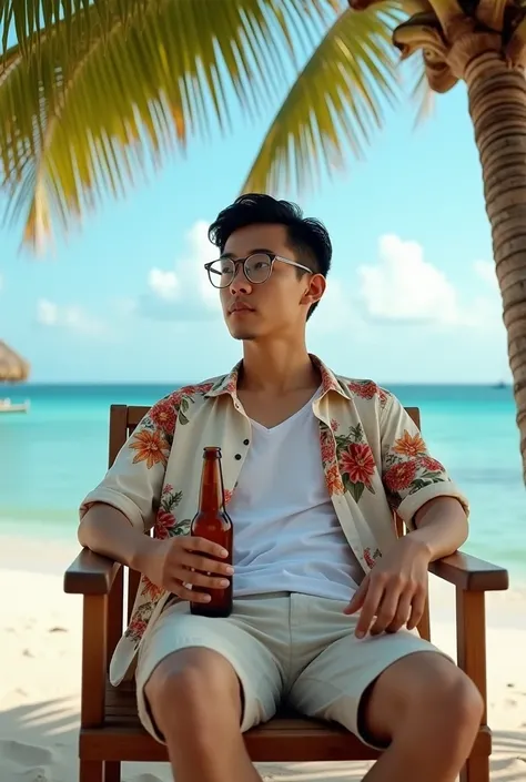 hyperrealistic drone shot image of a 25 year old Asian young man, short hair, sitting and leaning on a wooden chair on the beach under a coconut tree on a remote island in the middle of the vast ocean, he is wearing clear lens glasses, open shirt with flor...