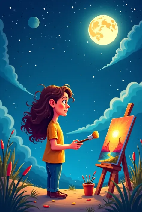  Cartoon and cartoon of an art teacher,  painting on a starry night with a full moon ,  the teacher is curly ,  long brown hair , Emdomorphic physicist  