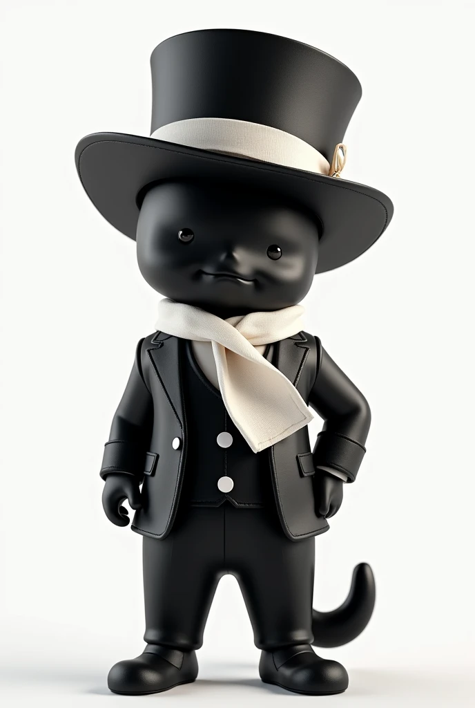 Little Black Cheeky Joe , Black formal wear with white scarf ,  black pilintra hat with a white ribbon, white background 