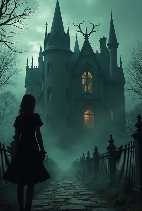 A very large and dark mansion there is a girl watching the house and in the window there is a man with horns 