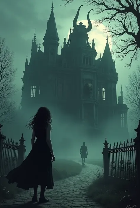 A very large and dark mansion there is a girl watching the house and in the window there is a man with horns 