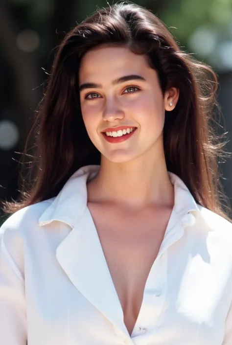 (masterpiece, best quality:1.3), 1girl, Alone, cowboy shot, 
she wear in white shirt with its front half open., natural cleavage, 
young Jennifer Connelly at age 15, 
with cute face yet with precocious female body,
no make up, flawless pale skin, 
healthy ...