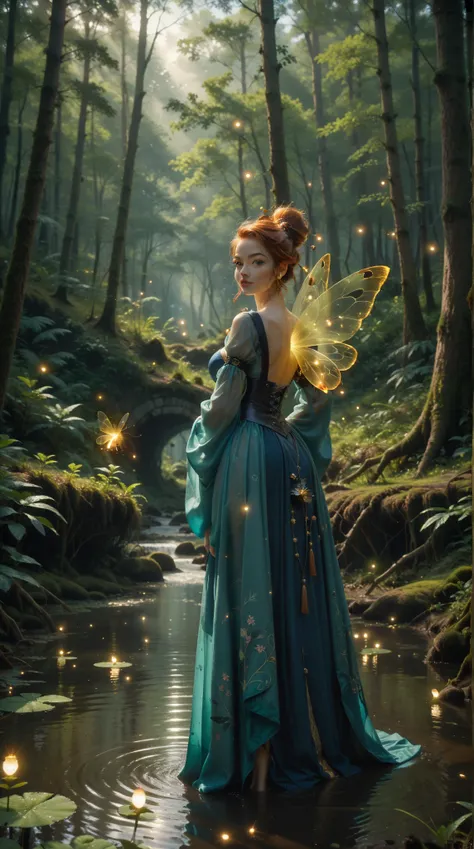 A woman， Her hair dressed in glowing fireflies ， Eye twinkling charm 。 wears a robe woven from moonlight， She stands in a mysterious forest ，Trees come to life 。scene： Swamp in firefly lights ， Capture in magical forest art style 。 Inspired by ：lora:0.5，（m...