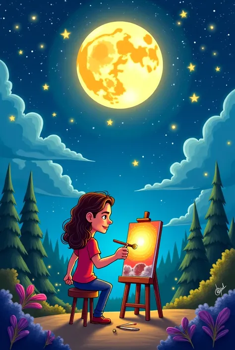  Cartoon and cartoon of an art teacher,  painting on a starry night with a full moon ,  the teacher is curly ,  long brown hair , Mesodomorphic physicist 