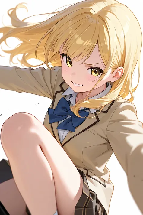 A popular teenage girl, she has wavy blonde hair with bangs, striking golden eyes, wearing a school uniform, furrowed eyebrows and smiling smugly.