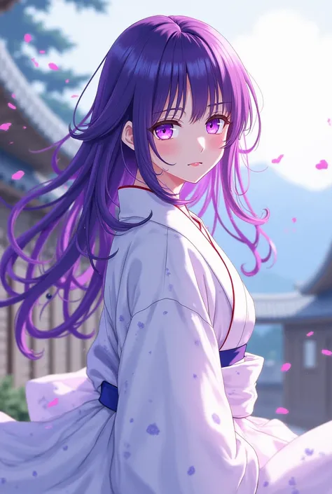  Occ female in Kimetsu No Yaiba, purple eyed purple ,  wearing white kimono .
