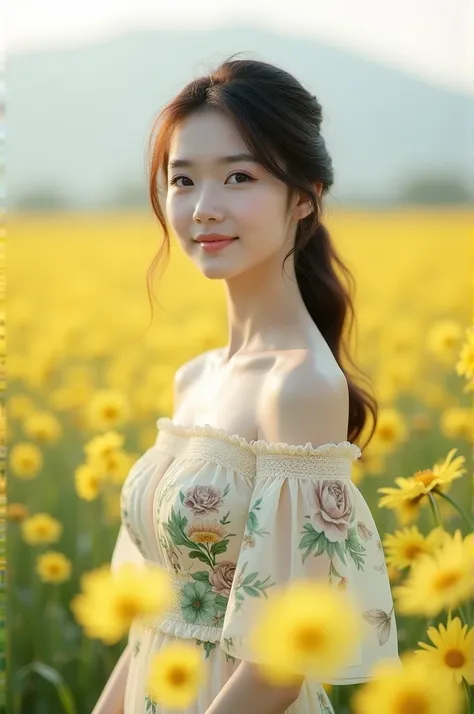 
" A young woman, likely in her late teens or early twenties, Asian ethnicity, stands amidst a field of vibrant yellow flowers. She is positioned slightly off-center, angled slightly to her left, and is facing the viewer directly.  Her dark brown hair is s...