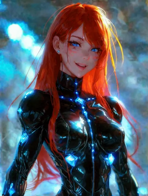 anime woman wearing a skin tight full body black bodysuit, long straight red hair, crystal blue eyes, tan skin, very muscular arms, wide hips, thick thighs, extremely large breasts, tomboy, full body image, head to toe image, UHD 8k, ultra detailed face, u...