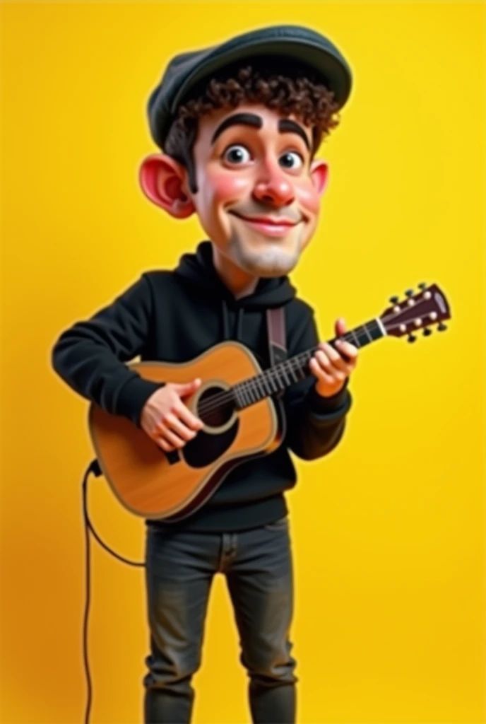 caricature 5D ,realistic, a handsome young man with a big head, short curly hair, fat short stature, wearing a newsboy hat, black sweater, black slim fit denim pants, Converse shoes,  standing while playing guitar , yellow background ,  appears close to th...