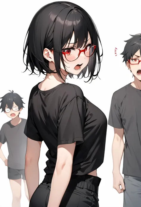 nsfw screaming black hair shortcut  、    red glasses、    plain black t-shirt with no logo touching the chin、BIG 45 、  、   black shorts、 Poor eyesight 、 Angle from behind、  is standing、  look back、White background、Talking loudly