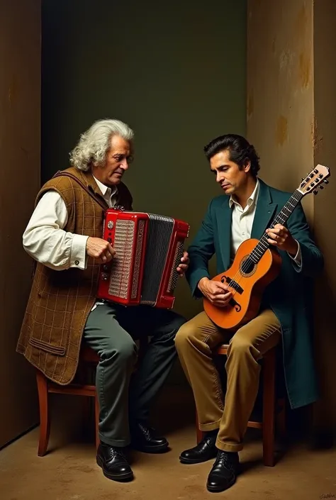  a portrait that brings together J . S.  Bach playing harpsichord or accordion ,  the duo Antônio Barros and Céceu  ( renowned duo of Forró )  with Antônio Barros on the guitar and Cecéu singing and the poet Apolônio Cardoso ( who made the song  "Flor de M...