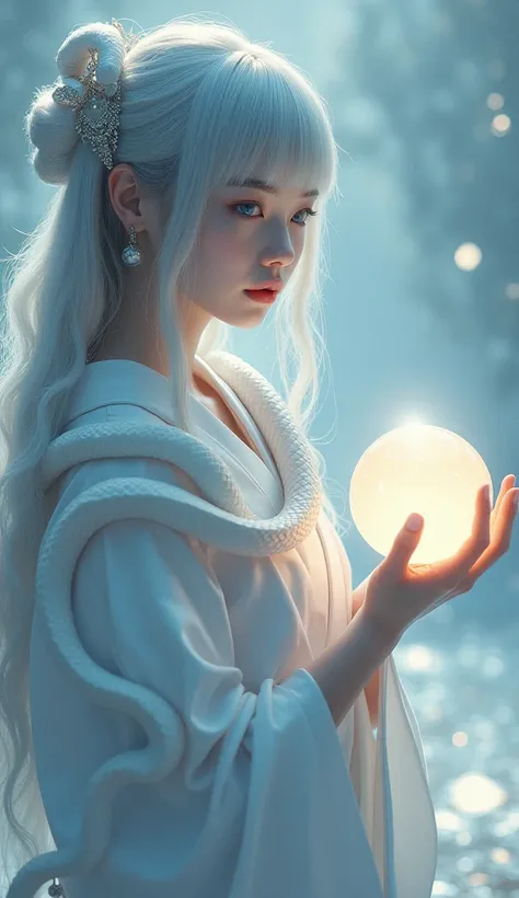 Beauty  cute　 Japanese　Silver　 is wearing a kimono the long hair is lowered　bangs　front　 the white snake is on her sholder  Hold a crystal ball on your hand、 Ring of Angels front 青い目, 