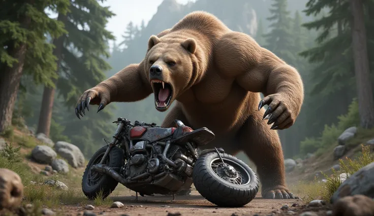 CREATE A 3D IMAGE OF A BEAR TRYING TO DESTROY A MOTORCYCLE