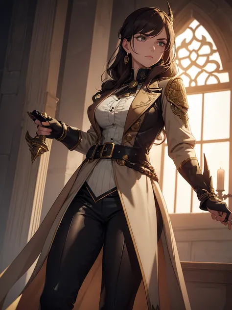  A complete and detailed design of a woman elegant and confident ,  dressed in an outfit that mixes fantasy and steampunk aesthetics .  She wears a tight brown coat with gold embroidery that decorates the lapels , the cuffs and sides , highlighting his fig...