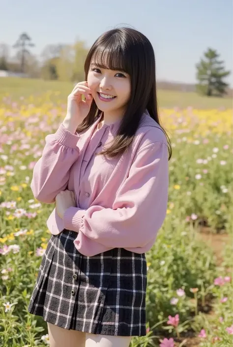 (8k、      RAW photos   、   top quality、masterpiece   :1.2)、(    realistic  、    realistic  )、1 person、((bangs、 Thailand、、Thailandツ、  boots、  pink jacket  、  Long Sleeve  、smile、whole body、 black plaid miniskirt、 Show your shoulders、Flower Field、 thin waist...