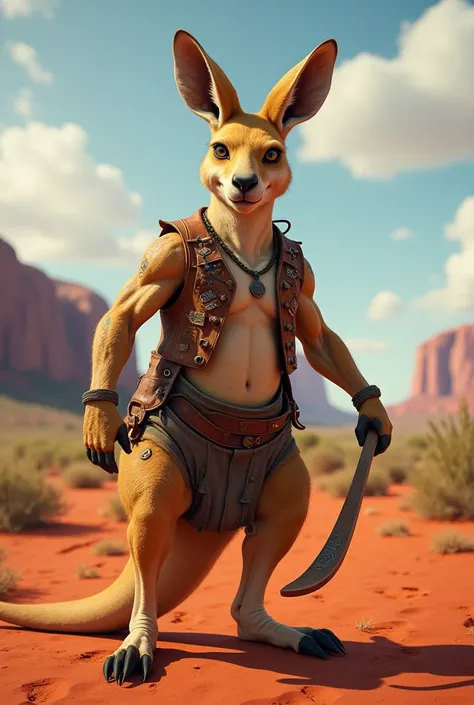 An anthropomorphic kangaroo with a rugged, muscular frame and a tail poised for action. Its tan fur is dappled with scars, and its eyes are a steely gray, reflecting its tough life in the wild. It wears a leather vest with Aboriginal art patterns and wield...