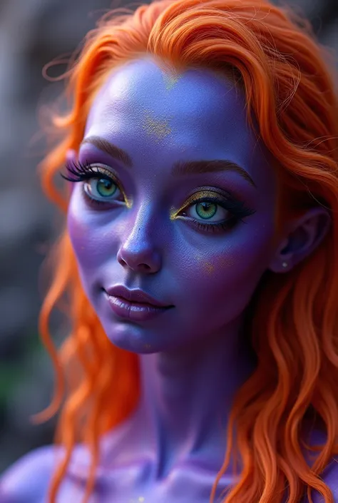 In this captivating, Photo, An otherworldly alien being inspired by Southeast Asia exudes mesmerizing beauty with her striking purple iridescent skin, capturing the viewers attention, her orange-hued hair. Her subtle emerald green eyes have an enchanting d...