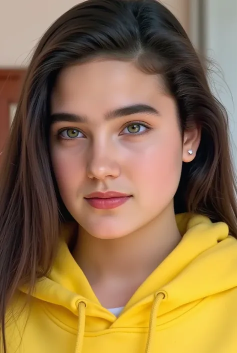 (masterpiece, best quality:1.3), 1girl, Alone, 
she wear in yellow hoodie.,
young Jennifer Connelly at age 15, 
with cute face yet with precocious female body,
no make up, flawless pale skin, 
healthy youthful fresh succulent smooth fair skin,
joyful smile...