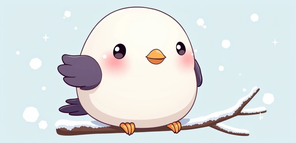 Create an adorable cartoon-style illustration of a shima-enaga bird with a round, fluffy body. The birds feathers should be mostly white, but its wings and tail feathers should have a deep, rich purple color. The eyes should be small, round, and black, giv...