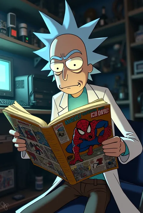 Play Rick Sanchez from the series Rick and reading a comic by "Spider-man"