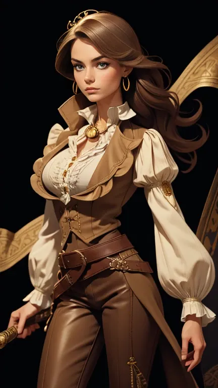  A complete and detailed design of a woman elegant and confident ,  dressed in an outfit that mixes fantasy and steampunk aesthetics .  She wears a tight brown coat with gold embroidery that decorates the lapels , the cuffs and sides , highlighting his fig...