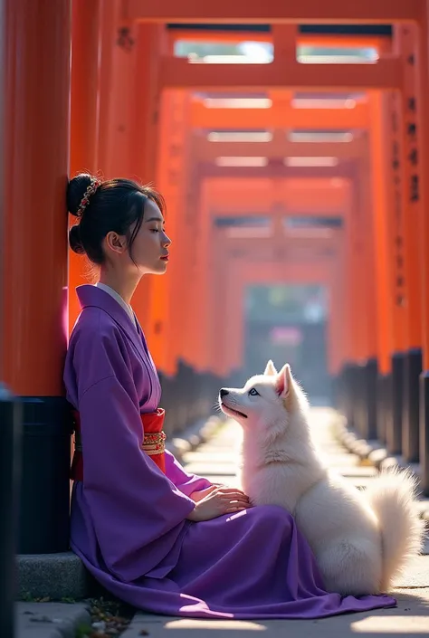 Fushimi Inari Shrine　first visit of the year to a shrine　 purple kimono　 cute woman sitting　　First sunrise of the year　Walking with a white Samoyed dog 　