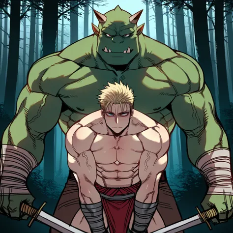 4 boy, ogre, green skin, muscular, shirtless, holding weapons, angered, masterpiece, extremaly detailed eyes, ratatatat74, looking at viewer, forest background ( eg: Background: forest, outdoors)