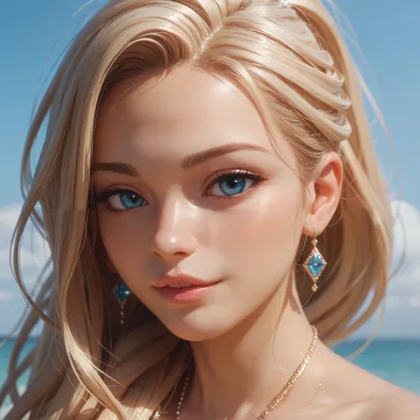 female, curvy, thick, sexy, lovely, long blond hair done in a ponytail, side bangs, hair done up, blue eyes, pleased, necklace, naked, head shot, head, close up,