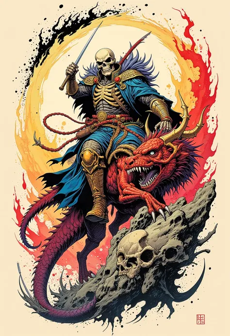 A colorful, realistic and detailed illustration of a skull warrior with a skeletal body wearing warrior costume, riding a ferocious skull and skeleton dragon, representing bravery and vitality. Drawn in traditional colorful ink, using black and red ink dot...