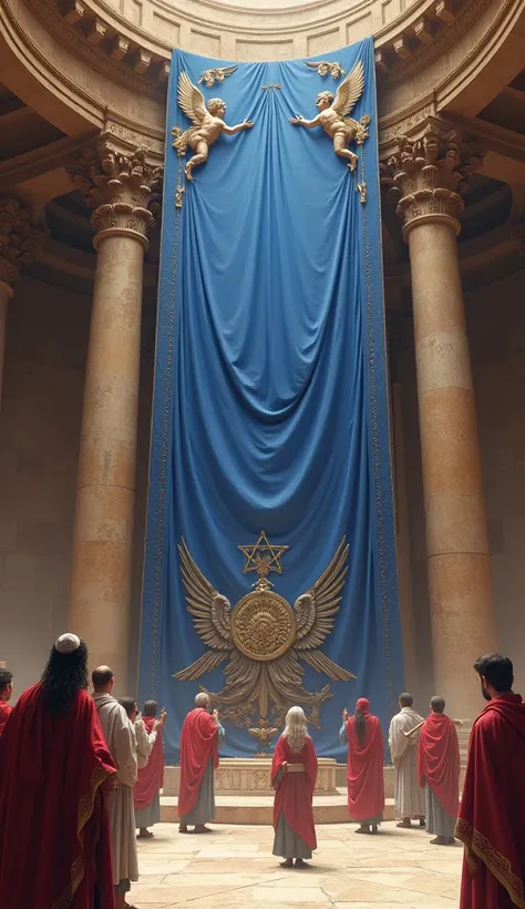  Create a blue veil , purple , crimson and white ,  embroidered with cherubs ,  suspended in the temple and breaking only ,  From top to bottom ,  in the temple of the ancient city of Jerusalem And several Jewish priests looking surprised.