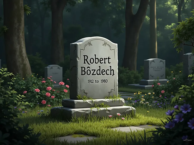  create a tombstone with the writing Robert Bozdech, (1912 to 1980 )  in a cemetery with lots of trees and flowers .