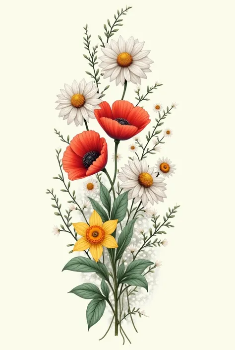 Fine line realistic tattoo idea of 2 daisies, 1 poppy, 1 daffodil, around greenery on a vine and white filler flowers