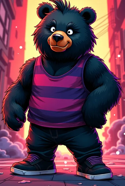 Comic: cunning black bear with short black mullet, black eyes with white sclera, dark magenta/lilac striped tank top, black pants and black sneakers.