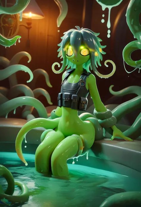 anthro, monster girl, colored skin, furry  (8k uhd, masterpiece, best quality, high quality, absurdres, ultra-detailed), (solo, 1girl:1.2) lovecraftian, (green tentacle hair, green tentacle legs, eldritch_abomination:1.2) scylla, eldritch, monster girl, (l...