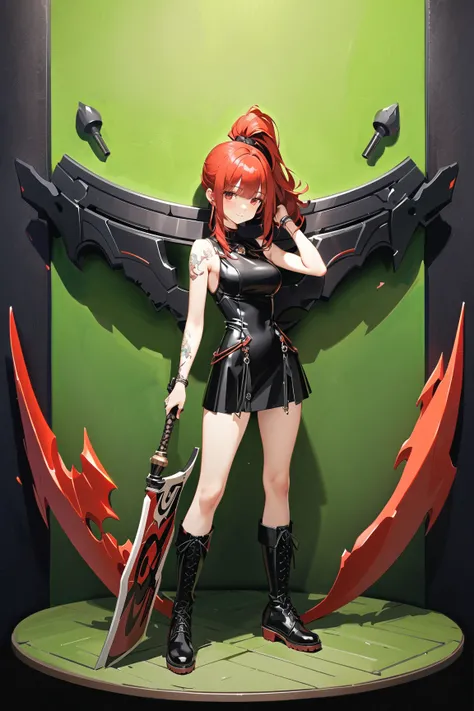 (green background:1.3), No wind, character sprite, wide shot, Break 
1 girl, (cute face), slender, Curious Look, light smile, , (petite), 150 cm tall,, Standing, full body, Red medium hair,  ponytail, red eyes, (medium breasts:0.8), slim, black military Ou...