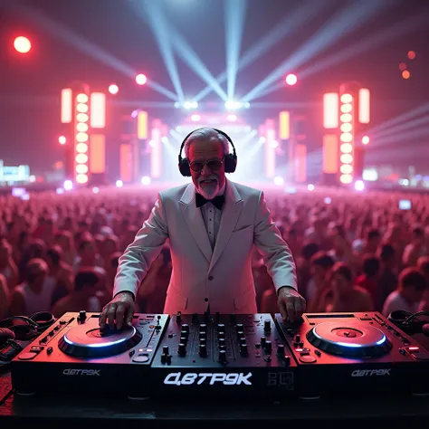 colonel sanders playing dubstep at a superfestivval rave with daftpunk