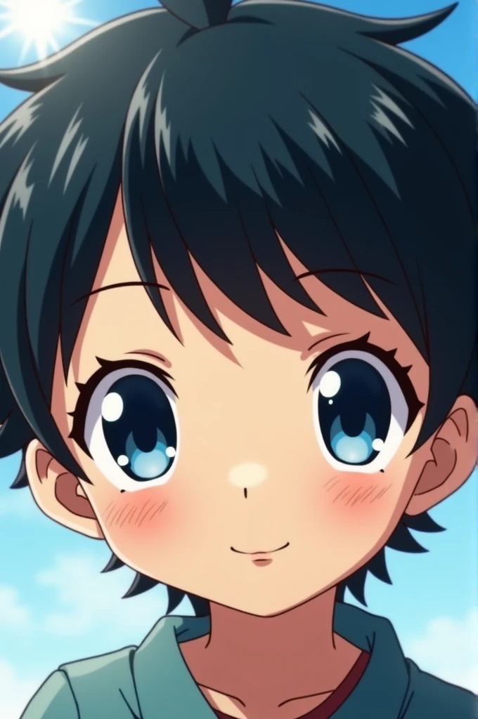 A boy with black hair blue eyes anime style