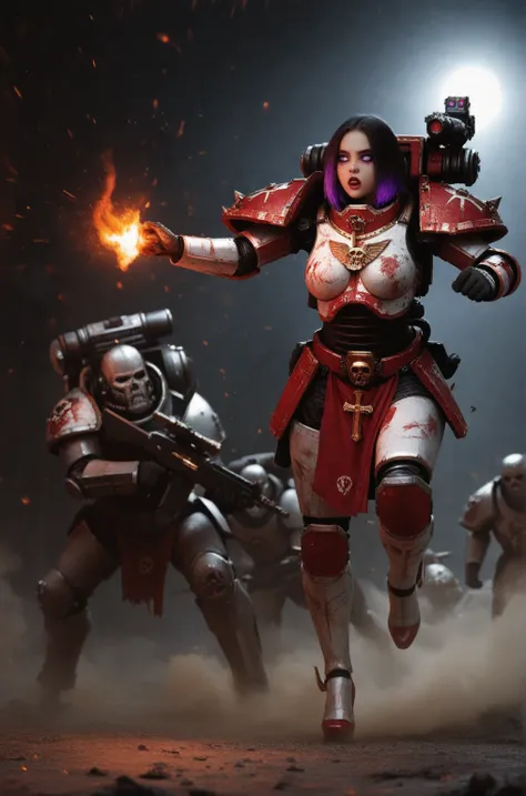 Full body pose sexy sisters of battle from the warhammer 40k, shooting at the enemy, white armor with intricate details, red armor with intricate details, religous symbols on the armor, sisters of battle, warhammer 40k, Massive silicone breast, pale skin, ...