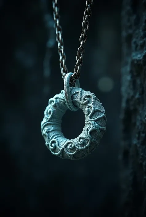 Medieval round frozen snow symbol necklace made of bone on dark background 