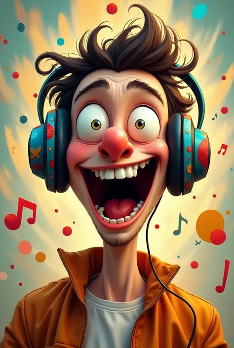 Create a caricaturized image of a strange-looking young man wearing headphones singing aloud