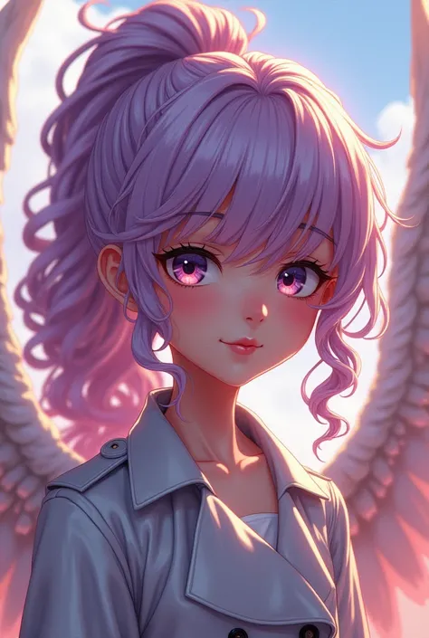 ⭐️ 🌸 🟡 🩷 ⬜️ A close-up character portrait of a cute girl interpretation of Cupid with small-sized angel wings in the background, featuring voluminous curly/wavy ponytail with a gradient effect on her purple hair, sideswept bangs, and a unisex fae-like appe...