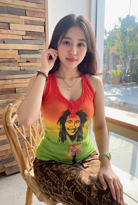 sweet Korean girl, a little fat, wearing black earrings and a black necklace 
and a bright green watch. Wearing a long sleeveless red and yellow green T-shirt with a Bob Marley pattern, sitting on a bamboo chair near a glass window in a cafe enjoying a cup...