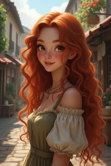 Create a beautiful 22 year old girl, her skin is full of freackles, she has long curly red hair, her eyes are siren brown eyes, she has cute dimples on her cheeks as she smiles (show her dimples), she’s wearing an old dress, let the background be old house...